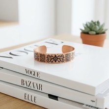 Erol Bakır Çiçek ve Geometrik Desenli Saf Bakır Ayarlanabilir Kelepçe Bileklik Unisex El Yapımı
