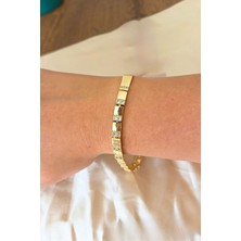Sassy Takı Baget Zirkon Taşlı Blok Model Gold 14K Altın Kaplama Çelik Bileklik