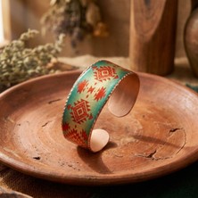 Erol Bakır Bakır Yeşil Kırmızı Kilim Desenli Kalın Ayarlanabilir Kelepçe Bileklik