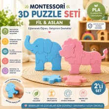 Veriqo 3D Montessori 3D Puzzle Seti Fil ve Aslan | Eğitici Oyuncak | Çocuk Yapboz | Ince Motor Beceri Geliştirici | 2'li Hayvan Puzzle Seti