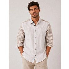 Fitmens Slim Fit Uzun Kol Keten Likra Çift Desen Cepsiz Hediye Kutulu Erkek Gömlek FS-004577 - Bej