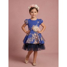 Ciliegia Dolls Kız Çocuk Mavi Gold Jakarlı Ay Kol Abiye Elbise - Arkası Kuşaklı Renkli Tüllü Prenses Model Elbisesi
