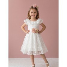 Ciliegia Dolls Kız Çocuk Nakışlı Organze Kayık Yaka Abiye Elbise - Pamuk Astarlı Arkası Kuşaklı Elbise