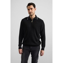 Süvari Siyah Regular Fermuarlı Polo Yaka Kazak