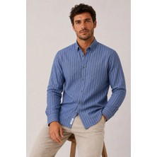 Fitmens Slim Fit Uzun Kol Çizgili Cepsiz Keten Likra Hediye Kutulu Erkek Gömlek FS-004579 - Saks Mavi