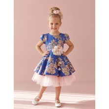 Ciliegia Dolls Kız Çocuk Mavi Gold Jakarlı Ay Kol Abiye Elbise - Arkası Kuşaklı Renkli Tüllü Prenses Model Elbisesi