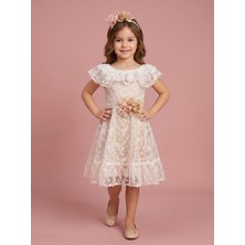 Ciliegia Dolls Kız Çocuk Nakışlı Organze Kayık Yaka Abiye Elbise - Pamuk Astarlı Arkası Kuşaklı Elbise