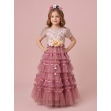 Ciliegia Dolls Kız Çocuk Dantelli Kısa Kol Uzun Abiye Elbise - Saten ve Kat Kat Tüllü Prenses Gelinlik Doğum Günü Kıyafeti
