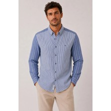 Fitmens Slim Fit Uzun Kol Çift Desen Yaka Düğmeli Keten Likra Cepsiz Hediye Kutulu Erkek Gömlek FS-004578 - Saks Mavi