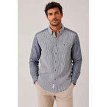Fitmens Slim Fit Uzun Kol Çift Desen Yaka Düğmeli Keten Likra Cepsiz Hediye Kutulu Erkek Gömlek FS-004578 - Lacivert