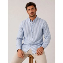 Fitmens Slim Fit Uzun Kol Çizgili Yaka Düğmeli Keten Likra Hediye Kutulu Erkek Gömlek FS-004580 - Açık Mavi