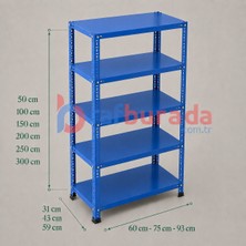 Rafburada 5 Katlı Renkli Dekoratif Çelik Raf - Çiçeklik Rafı, Ofis Rafı 0,70 mm MAVI-59X60 CM-150 cm