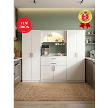 Dorpek 6 Kapaklı 2 Çekmeceli LED Işıklı Kahve Köşesi, 13 Raflı Çok Amaçlı Dolap ve Kiler Dolabı Beyaz 217 cm | Sardes & 2*tuco