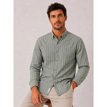 Fitmens Slim Fit Uzun Kol Çizgili Cepsiz Keten Likra Hediye Kutulu Erkek Gömlek FS-004579 - Yeşil