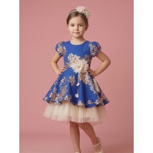 Ciliegia Dolls Kız Çocuk Mavi Gold Jakarlı Ay Kol Abiye Elbise - Arkası Kuşaklı Renkli Tüllü Prenses Model Elbisesi