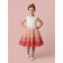 Ciliegia Dolls Kız Çocuk Dantelli Kat Kat Degrade Tüllü Abiye Elbise - Kırmızı ve Kahverengi Renk Seçenekli Doğum Günü Kıyafeti