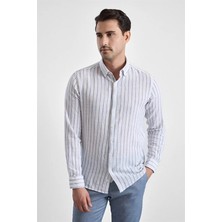 Süvari Lacivert Slim Düğmeli Yaka Düz Düz Kapaksız Cep Düğmeli Uzun Kollu Casual Gömlek