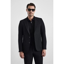 Süvari Siyah Slim Mono Yaka Düz Torba Cep 6 Drop Takım Elbise