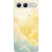TechTree Tecno Spark 40 5g Uyumlu Sarı ve Yeşil Tonlu Bulut ve Kuşlar Baskılı Silikon Kılıf