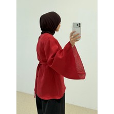 Moda Aksa Royal Bağlama %100 Organik Keten Bluz Kırmızı