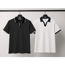 Zengoll & Ramires Siyah Beyaz Çizgili Yakalı Erkek T-Shirt 2'li Set
