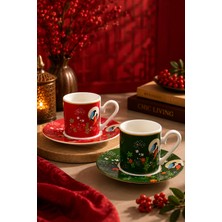 Yzhome 2 Kişilik Porselen Lovelybirds Kırmızı Yeşil Özel Tasarım Kahve Fincan Takımı Seti 90ML