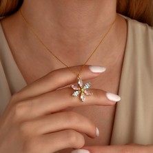 Nox Jewelry 14 Ayar Altın Kaplama Pastel Renkli Markiz Taşlı Çiçek Gümüş Kolye - CNS00680