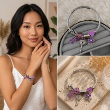 Fm 💎 Premium Mor Kalp ve Anahtar Charm Detaylı Gümüş Renk Kadın Charm Bijuteri Bileklik (20CM)