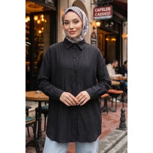 Modestim Kadın Siyah Çizgili Oversize Gömlek Pamuklu Tesettür Giyim Rahat Kalıp Geniş Kesim Tesettür Tunik Gömlek
