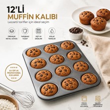 lawrenceshop 12 Bölmeli Premium Muffin Kalıbı Yapışmaz Metal Kek Cupcake Pişirme Tepsisi Fırın Kalıbı