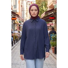 Modestim Kadın Lacivert Çizgili Oversize Gömlek Pamuklu Tesettür Giyim Rahat Kalıp Geniş Kesim Tesettür Tunik Gömlek