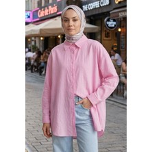 Modestim Kadın Pembe Çizgili Oversize Gömlek Pamuklu Tesettür Giyim Rahat Kalıp Geniş Kesim Tesettür Tunik Gömlek