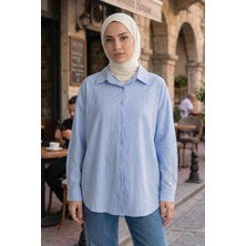 Modestim Kadın Mavi Çizgili Oversize Gömlek Pamuklu Tesettür Giyim Rahat Kalıp Geniş Kesim Tesettür Tunik Gömlek