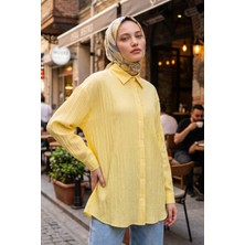Modestim Kadın Sarı Çizgili Oversize Gömlek Pamuklu Tesettür Giyim Rahat Kalıp Geniş Kesim Tesettür Tunik Gömlek
