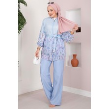EFL Çiçek Desen Kuşaklı Tunik Pantolon Takım Bebe Mavisi