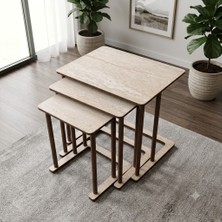 Uzun Aksesuar Ezel Tekerlekli C Zigon Sehpa Traverten Mdf Malzemeden Modern Tasarım 3 Parça Set