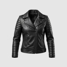 TOGO Siyah Hakiki Deri Kadın Biker Ceket [810108]