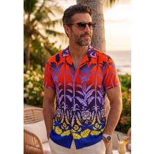 Exve Exclusive Turuncu Mavi Mor Sarı Geçişli Etnik Doğal Nefes Alan Viskon Rahat Kısakol Yazlık Soft Hawaii Gömlek