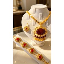 Zümra Store Otantik Altın Kaplama Arpa Zincirli Bordo Halef Kolye -Bileklk Set