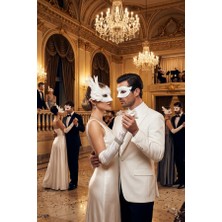Zurafa Shop Gatsby Maskeli Balo Seti -Beyaz Vintage Işlemeli Kadın Maske ve Masguarde Erkek Maske Ikili Set