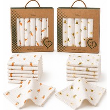 Lilliy %100 Pamuk Müslin Bebek Ağız Mendili 14'lü Set (7 Havuç + 7 Arı Desenli) Yenidoğan Bebek Mendili