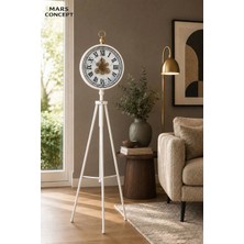 Mars Concept Tripod Ayaklı Hareketli Çarklı Beyaz Mermer Desenli Yer Saati │ Modern Salon 148CM