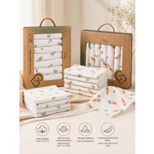 Lilliy %100 Pamuk Müslin Bebek Ağız Mendili 14'lü Set (7 Çiçek + 7 Havuç Desenli) Yenidoğan Bebek Mendili