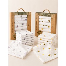Lilliy %100 Pamuk Müslin Bebek Ağız Mendili 14'lü Set (7 Çiçek + 7 Arı Desenli) Yenidoğan Bebek Mendili