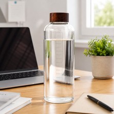 Welcomein 1000 ml Akasya Kapaklı Cam Matara Ölçekli Su Şişesi Sızdırmaz Kapaklı Şeffaf Cam Suluk