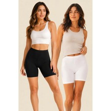 Fevien 2'li Paket Kadın Pamuklu Jakar Belli Uzun Paçalı Şort Boxer Tayt Külot Bacak Arası Sürtünme Önleyici Rahat Esnek Günlük Iç Giyim Toparlayıcı Yumuşak Dikişli Büyük Beden Siyah Beyaz Ten