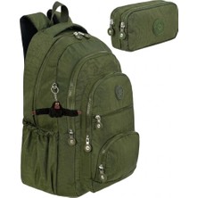 Alanç Gift Ultra Lüks Unisex Krinkıl Kumaş Lise, Ortaokul Sırt Çantası ve Çift Bölmeli Kalemlik, Anahtarlık Hediyeli