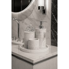 Bee Candle Home beecandlehome Beyaz Mermer Desenli 5'li Banyo Seti Gümüş Renk Pompa ve Toka Suya Dayanıklı