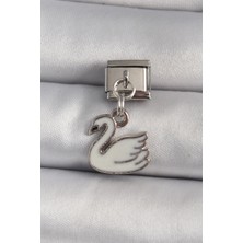 GV Home Mey Ithalat® 316L Çelik Gümüş Renk Sallantı Beyaz Kuğu Model Nomination Charm