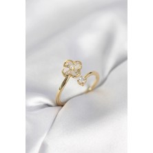 GV Home Mey Ithalat® Gold Renk Zirkon Taşlı Yonca Model Kadın Yüzük